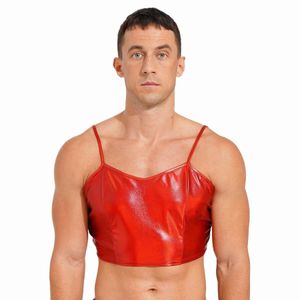 Mens metaalachtige glanzende mouwbout Camisole Tops Verstelbare spaghetti -band Rave Party Crop Top Clubwear Fi Glossy Vest Tops C5Y4#