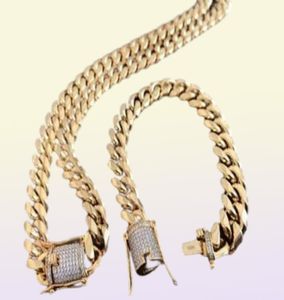 Mens Miami Cuban Link Bracelet Chain Set 18K Gold Ploated 14mm Diamond Clasp236A2310200