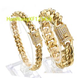 Chaîne à maillons cubains Miami pour hommes, or 18 carats, largeur 8/10/12/14/16/18mm, bordure en acier inoxydable, chaîne en diamant cz, bracelet ras du cou