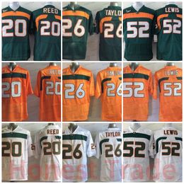 Hombre Miami Hurricanes 26 Sean Taylor College Football Jersey 52 Ray Lewis 20 Ed Reed Green White Naranja Vintage Mens