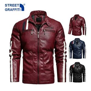 Mens Motorjack Herfst Winter Mannen Faux PU Lederen Jassen Casual Borduurwerk Biker Jas Zipper Fleece Mannelijke Jas 211111