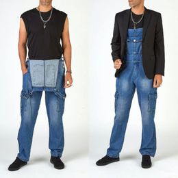 Heren Multi-Pocket Denim Romper Ripe Cargo denim broek Autumn Fashion Jeans Mens Workwear Straight Strap Jeans 240411