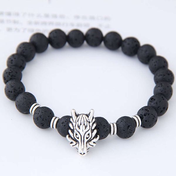 Pulsera de piedra de volcán de lava natural para hombre Pulsera de búho Pulsera elástica de leopardo punk