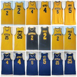 Hommes NCAA Michigan Wolverines College Basketball Jerseys Vintage 4 Chris Webber 5 Jalen Rose 25 Juwan Howard 2 Jodan Poole Jersey Bleu Jaune Chemises cousues S-XXL