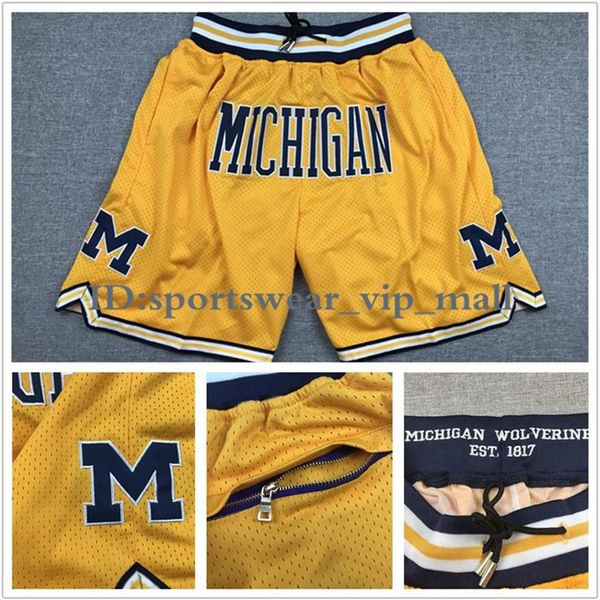 Mens NCAA Michigan Wolverines Shorts est 1817 Retro extérieur Broderie College Basketball short jaune navy173J