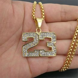 Collier pour hommes, pendentif de basket-ball 23, chaîne en or jaune 14 carats, strass scintillants, collier Hip Hop, bijoux de sport