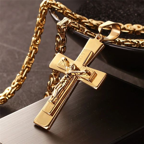 Collier pour hommes, chaîne avec pendentif grande croix, en or jaune 14 carats, colliers chrétiens pour hommes, bijoux scintillants glacés