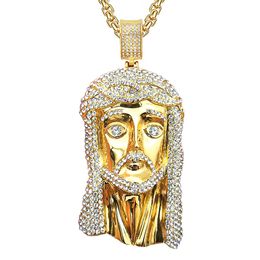 Collier pour hommes Pendant la tête de la tête de Jésus-Christ avec chaîne en or 14 carats et collier de ramiage bling