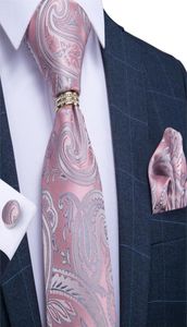 Cravate homme rose argent Paisley Design cravate de mariage pour hommes cravate anneau soie cravate ensemble Hanky boutons de manchette DiBanGu Business JZ0371875373501