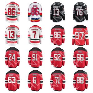 Maillots de hockey pour hommes # 86 JACK HUGHES # 13 NICO HISCHIER # 7 DOUGIE HAMILTON # 43 LUKE HUGHES # 28 TIMO MEIER maillot de joueur à domicile noir blanc rouge