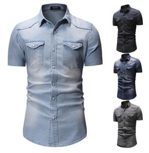 Chemises en jean pour hommes Top à manches courtes Fashion Casual Wash Revers Shirt Male Business Tops