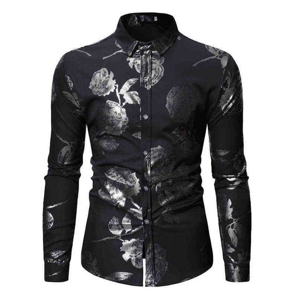 Club nocturno para hombre Camisas de baile Hipster Rose Estampado floral Slim Fit Button Down Vestido de fiesta Camisa Hombres Boda Camisa de esmoquin Hombre Chemise L220704