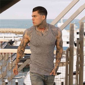 Mens O cuello sin mangas camiseta fitness slim fit deportes tiras tanque top masculino sólido moda singletes verano tejido gimnasio ropa 210421