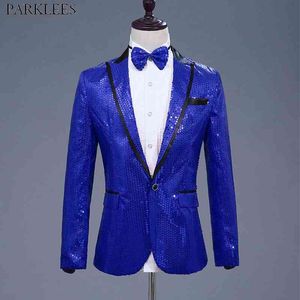 Hommes un bouton royal bleu robe à paillettes blazers avec noeud papillon discothèque DJ costume de bal veste hommes hôte banquet fête scène costume 210522