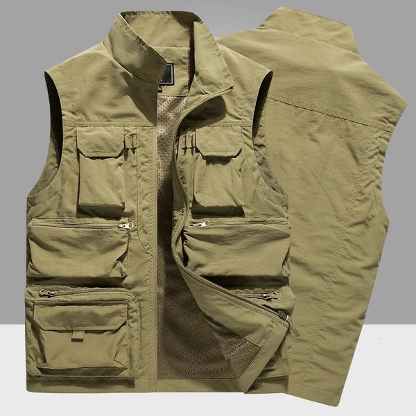 Chaleco al aire libre para hombre MultiPocket Color sólido Director de pesca Reportero Chaleco de trabajo Pografía Chaqueta casual Hombre 6XL 240130