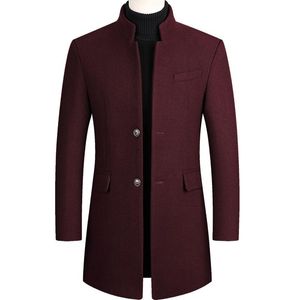 Heren overjas jongens winter wijn rode jas plus size wollen mix jas lange mannelijke windjack katoen dikke warme topcoat mannen jas