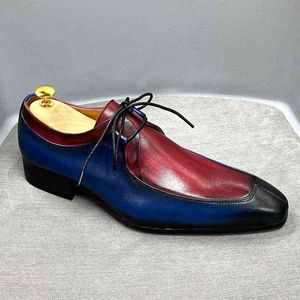 Chaussures Oxford pour hommes Vintage bleu et rouge couleurs mélangées Design chaussures habillées en cuir de vache véritable chaussures à lacets de bureau d'affaires formelles