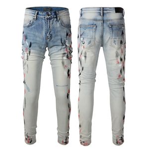 Mens Paint Jeans Denim Skinny Slim Biker Moto Hip Hop rechte been lichtblauwe patch vintage noodstretch voor man jongens knie gescheurde fits pant lange ritsjipper middengewicht