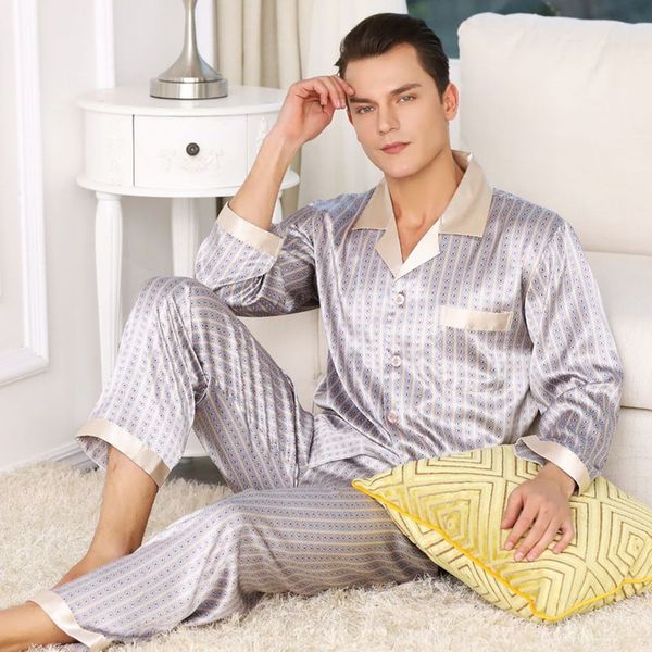 Pyjamas pour hommes Satin de soie Ensembles à manches longues Manteau confortable + pantalon Taille élastique Costume de nuit de luxe Imprimer Ensemble de pyjama pour hommes 201023