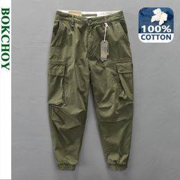 Pantalon homme 2023 printemps 100% coton décontracté Cargo pour couleur unie grande poche pantalon Streetwear AZ304 230314