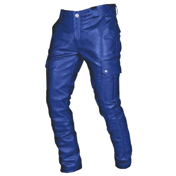Pantalons pour hommes Automne Hommes Bleu Cuir Skinny Fit Style Élastique Mode Pu Pantalon Moto Vintage Streetwear 4 231218