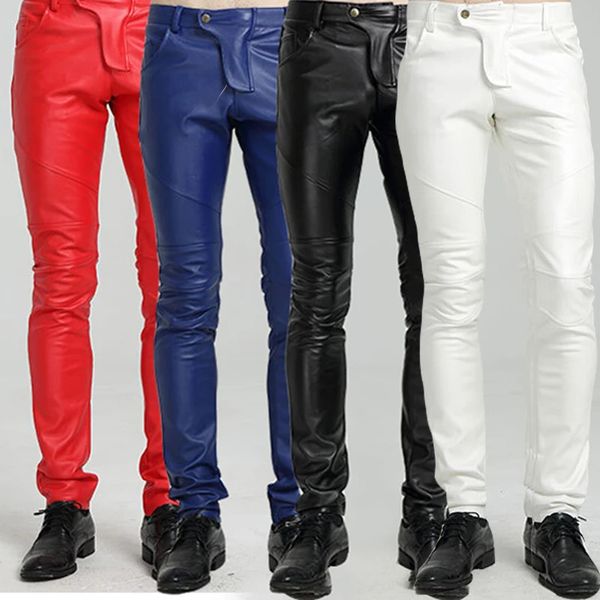 Pantalons pour hommes Idopy Qualité PU Hiver Ligne Sexy Rouge Slim Serré Mâle Pantalon Hommes Moto Noir Skinny Biker Pantalon En Cuir Jogger Bleu 231218