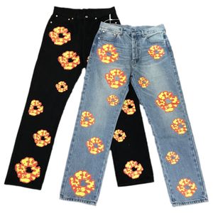 herenbroek jeans bloem beading straat hiphop mode vintage denim krans zwart gewassen rechte jean gestapelde jeansbiker trucker jas
