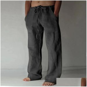 Pantalons pour hommes Vêtements en lin pour hommes Contemporain Qualité confortable Pantalon de couleur unie douce avec poche Dstring Casual Drop Delivery Otxed