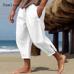 Pantalons pour hommes hommes élégant mode boucle manchette lin solide blanc cheville longueur pantalon grande taille décontracté cordon pantalons de survêtement 230904