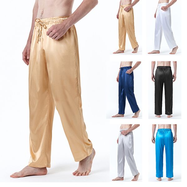 Pantalons pour hommes Pyjamas en soie de couleur unie pour hommes Taille européenne Pantalons en soie d'imitation allongés Pantalons pour hommes confortables pour la maison Pantalons de yoga Pantalons décontractés 230313