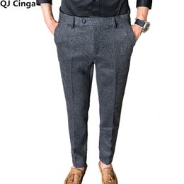 Pantalones para hombre QJ CINGA Gris Lana Otoño Invierno Pantalones gruesos Hombres Slim Business Pantalones Hombre Moda Pantalones 2836 230209