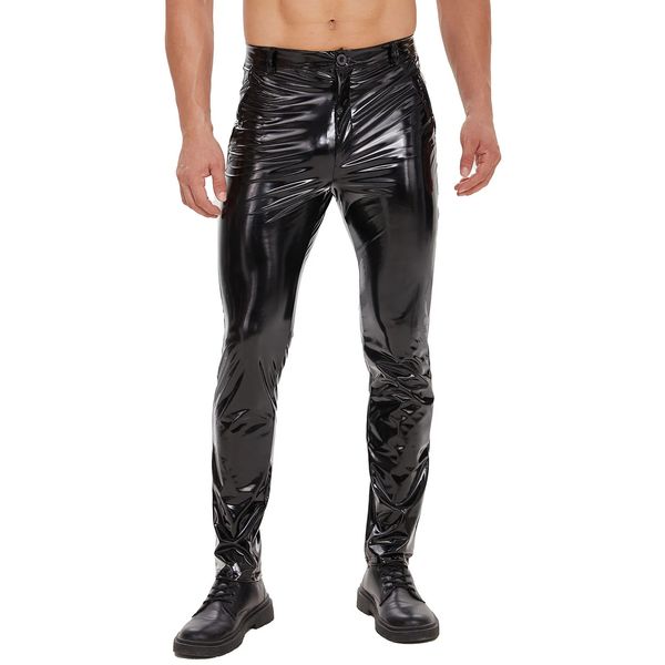 Pantalons pour hommes en cuir brillant droit fermeture éclair sexy entrejambe ouvert brillant PVC pantalon décontracté mâle façonnage Wetlook Latex Leggings 231218