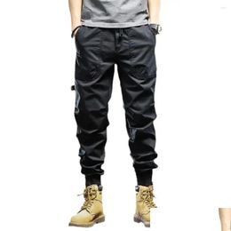 Pantalon pour hommes Couleurs massives Chargo de taille élastique avec dstring mtiple poches zipper pour les vêtements de livraison de gouttes quotidiens OTQZ5