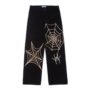 Hommes Pantalon Spider Web Broderie Droite Casual Jeans Pantalons pour Hommes Femmes Streetwear Y2K Vibe Style Déchiré Oversize Lâche Denim Pantalon 230413