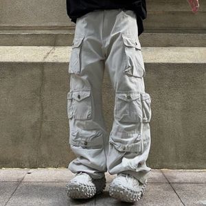 Pantalon de travail pour hommes, Style Harajuku, blanc, multi-poches, vêtements de travail, ample, décontracté, droit, automne-hiver, 230309