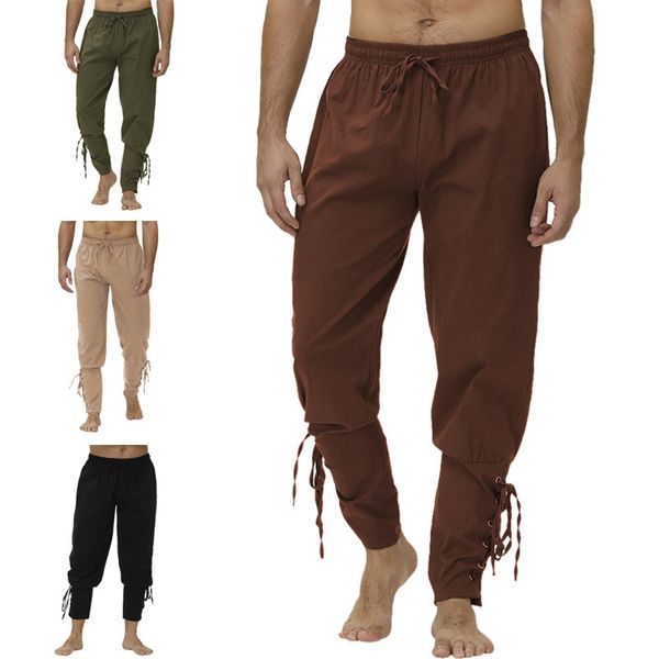 Pantalon homme été printemps décontracté solide Harlan médiéval Viking Costume Pirate pantalon dentelle 230720