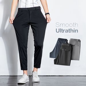 Pantalones de verano para hombre, traje elástico hasta los tobillos, pantalones finos de negocios de Color sólido, pantalones de oficina formales informales ajustados para hombre de talla grande 2840 230724