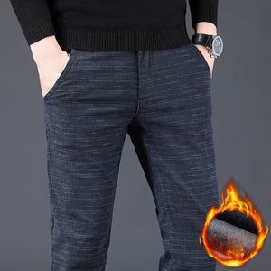 Pantalon pour hommes, chaud, Slim, droit, automne, épais, Imitation coton, lin, brossé, Business, décontracté, à carreaux, 231005