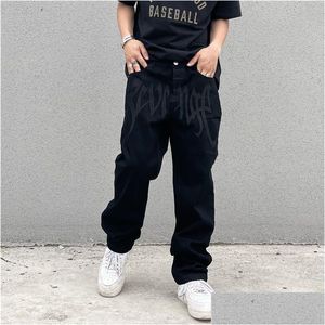 Pantalon pour hommes Y2K Emo Fashion Black Streetwear Broidered Low Rise Baggy Jeans Bandage Hip Hop Alt Denim Vêtements masculins 230320 DHULQ