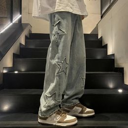 Pantalons pour hommes Y2K Vintage hommes coréen bleu Streetwear surdimensionné étoile esthétique pantalon droit jambe large jean Grunge Denim femmes vêtements 231010