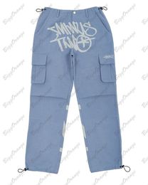 Calças masculinas Y2K vintage streetwear multi bolsos calças cargo cintura elástica bolso lateral azul claro calças cargo baixo crescimento roupas adolescentes 230211