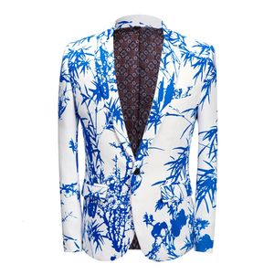 Mens Party Casual Blazer Imprimer Bleu Bambou Modèle Design Slim Fit Vêtements Pour Hommes Imprimé Costume Veste Hommes Robe De Mariée Manteau 240313