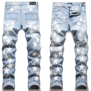 Jeans patchwork pour hommes Patch Pantalon en denim en détresse Coupe skinny Slim stretch Jean de moto déchiré pour hommes Lavé en cuir blanc Étoiles brodées taille 29-38 Pantalon gris