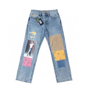 Mens patchwork jeans gescheurd gat broek grafische motorfiets slanke fit ontwerper casual hiphop streetwear punk unisex denim kleding