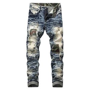 Patchwork pour hommes épissé le patch droit des hommes déchirés mendiant Vaqueros hombre pantalon pantalon pantalon 28-42 8wis