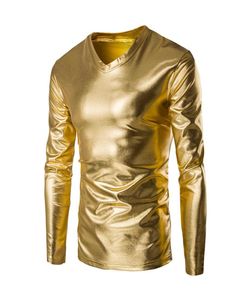 Heren Patent Leather Leer T -shirt Nightclub Style Metallic Shiny Hip Hop Pullover T -shirt Cool Gold Coated Camiseta Tops9438507