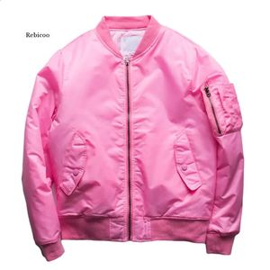 Veste bombardier rose pour hommes, vestes rembourrées, manches zippées, poche, col montant, veste de Baseball, manteau rose de Style militaire 240131