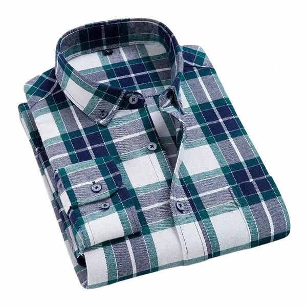 Hommes Plaid brossé flanelle Lg manches chemises poche unique confortable décontracté Cott Fi Slim Fit chemises bout à bout vêtements I2Xm #