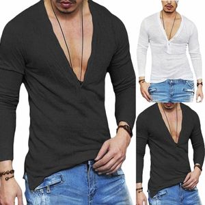 Mens Plain Slim Fitn LG Manga camiseta Profundo cuello en V Butt Tops Muscle Tee Blusa Ver a través de camisas Hombre Casual Tees Tops C1DR #