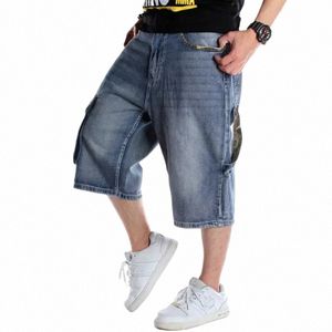 heren plus size losse baggy denim korte heren jeans fi streetwear hip hop lg 3/4 capri cargo shorts pocket bermuda mannelijk blauw m7re #